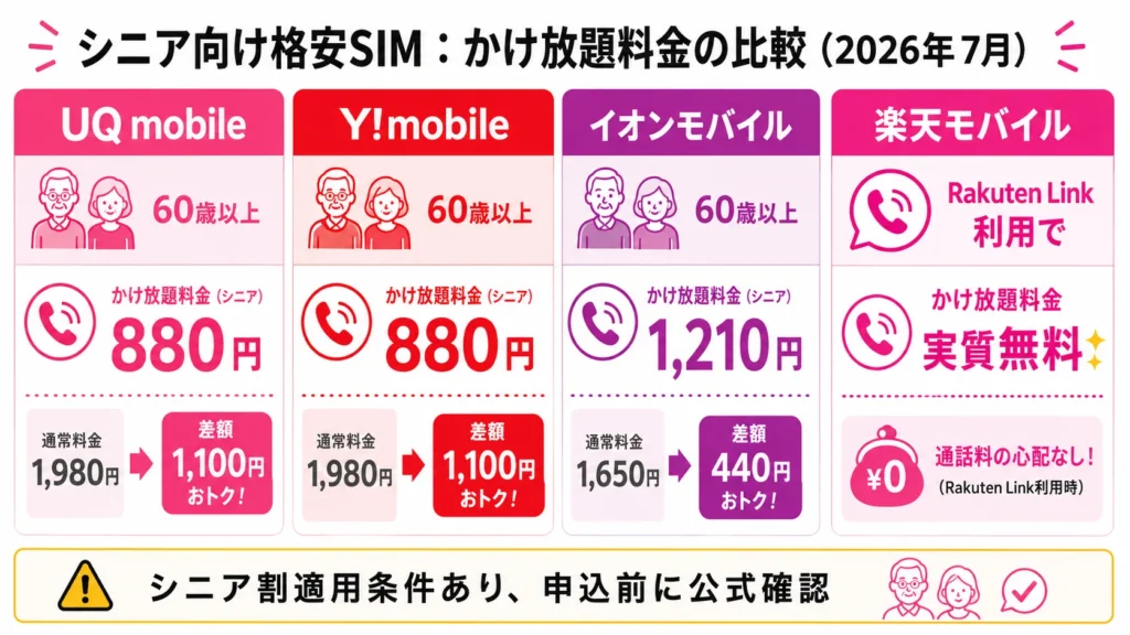 シニア向けかけ放題料金をUQ mobile・Y!mobile・イオンモバイル・楽天モバイルで比較した図