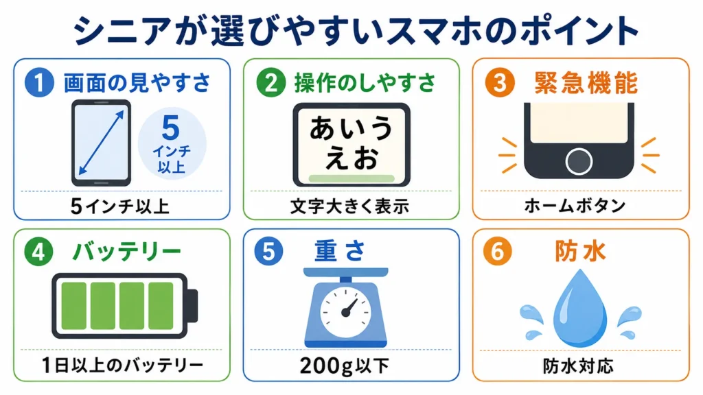 シニアが選びやすいスマホの6つのポイントをまとめた図
