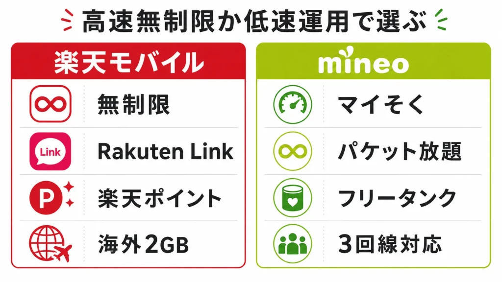 楽天モバイルとmineoをデータ無制限・低速運用・通話・ポイントで比較した判断マップ