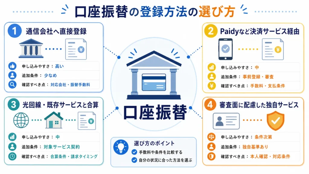 格安SIMの口座振替を直接登録・決済代行・合算請求・独自サービスの4種類に分けた図