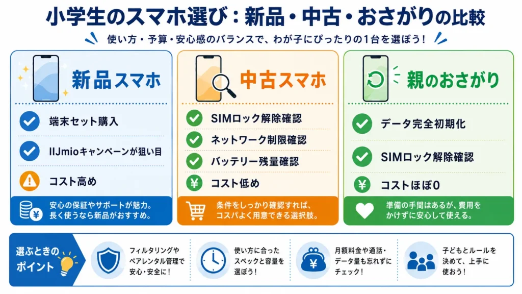 小学生に持たせるスマホを新品・中古・おさがりで比較した図